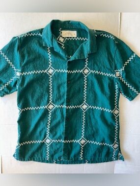 Abercrombie & Fitch Green Linen-Blend Men’s Embroidered Camp Shirt Size Large
